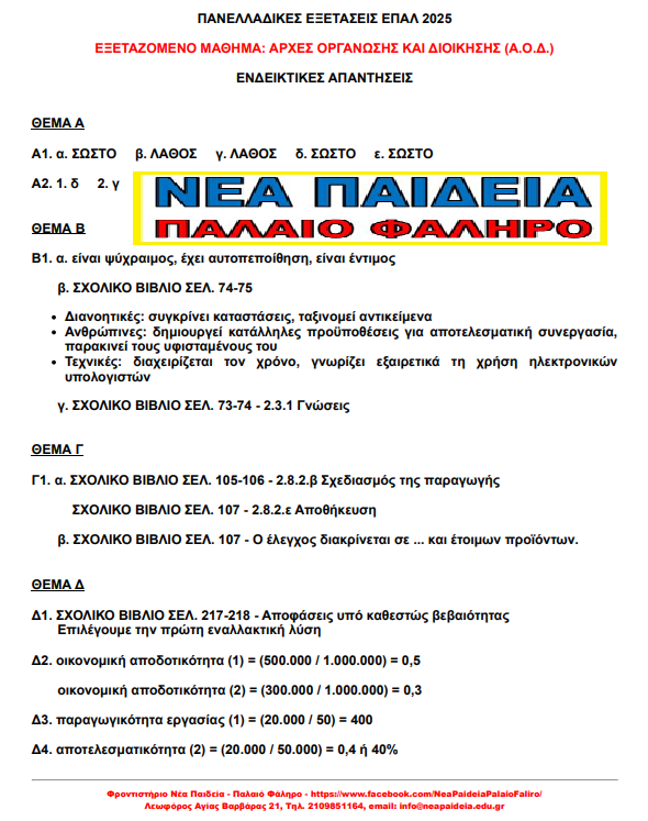 Απαντήσεις στο μάθημα ΑΟΔ για τις Πανελλήνιες εξετάσεις 2025 από τα φροντιστήρια Νέα Παιδεία