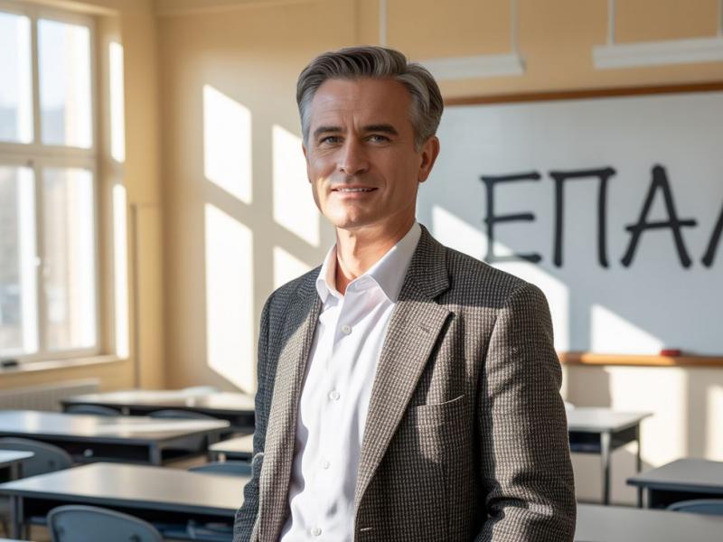 καθηγητής ΕΠΑΛ στέκεται σε μέσα σε σχολική τάξη