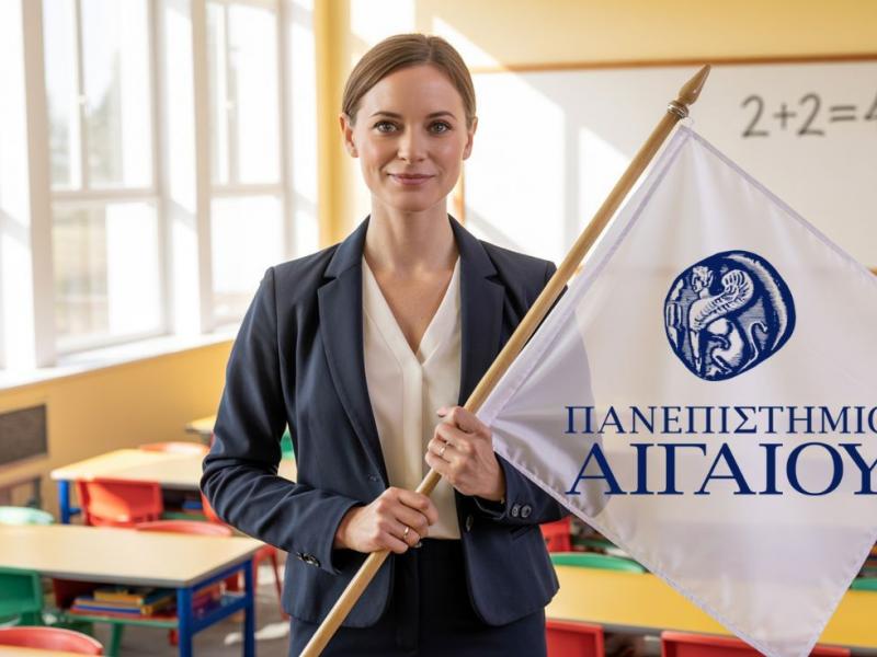 καθηγητρια σε τάξη κρατάει σημαία πανεπιστημίου αιγαιου